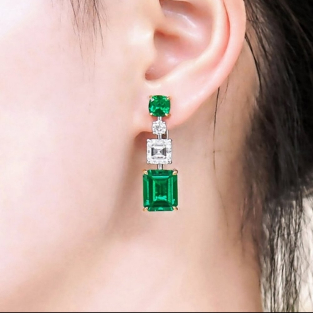 Emerald Cushion Cut Diamond Drop Earrings Statement Silver - Picture 3 of 5